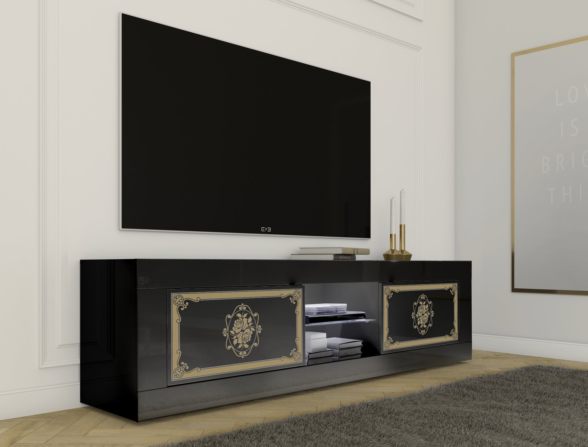 Meuble TV grande
2 portes 
sans éclairage, noir laqué brillant avec sérigraphie dorée, FIRENZE Default Title