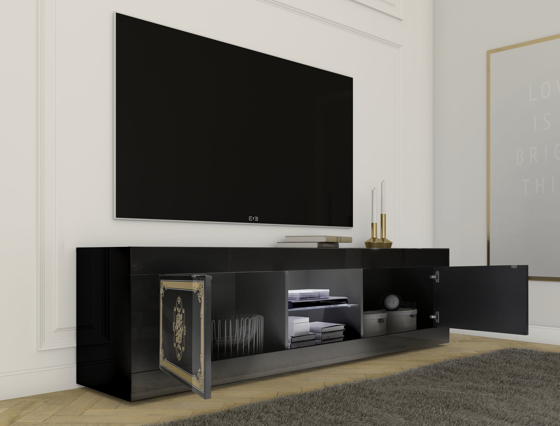 Meuble TV grande
2 portes 
sans éclairage, noir laqué brillant avec sérigraphie dorée, FIRENZE Default Title