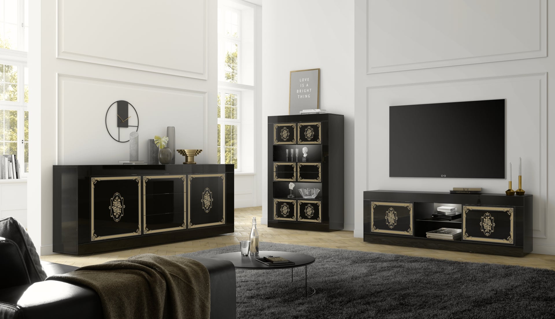Meuble TV grande
2 portes 
sans éclairage, noir laqué brillant avec sérigraphie dorée, FIRENZE Default Title