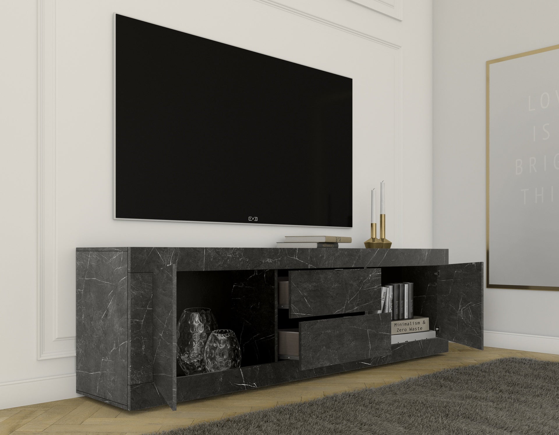 Meuble TV 2  portes et 2 tiroirs, effet marbre noir, BOLOGNA - L210 x H65 x P43 cm