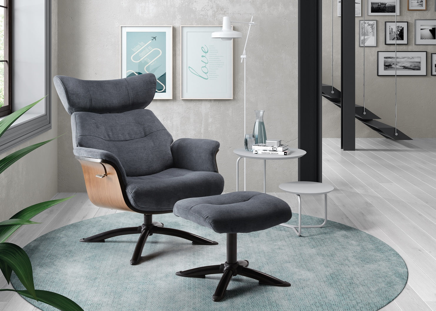 Ensemble Fauteuil Relax  "Paolo" inclinable et pivotant avec pouf de relaxation tissus coloris Gris Bleuté