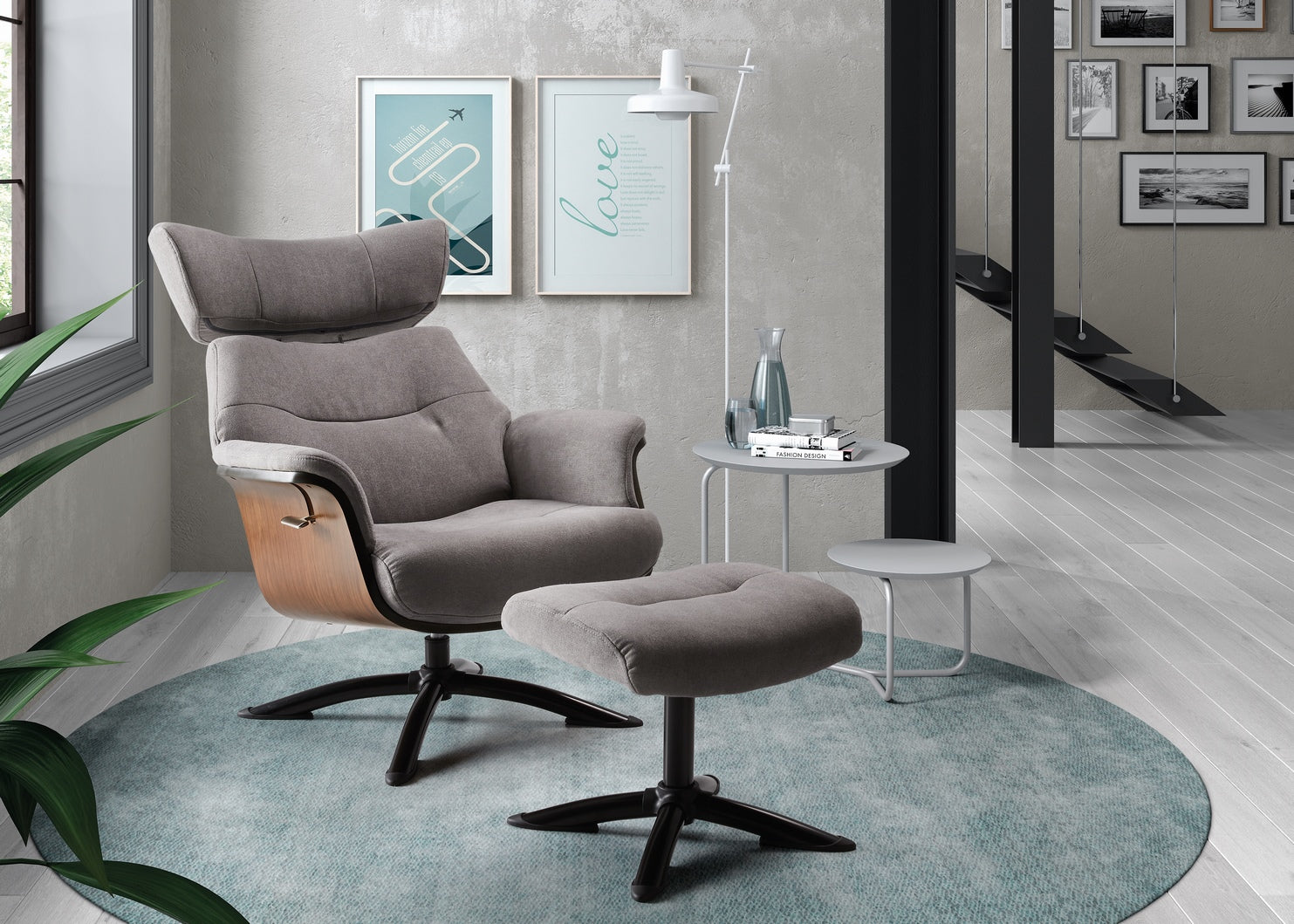 Ensemble Fauteui Relaxl "Paolo" inclinable et pivotant avec pouf de relaxation tissus coloris Gris clair